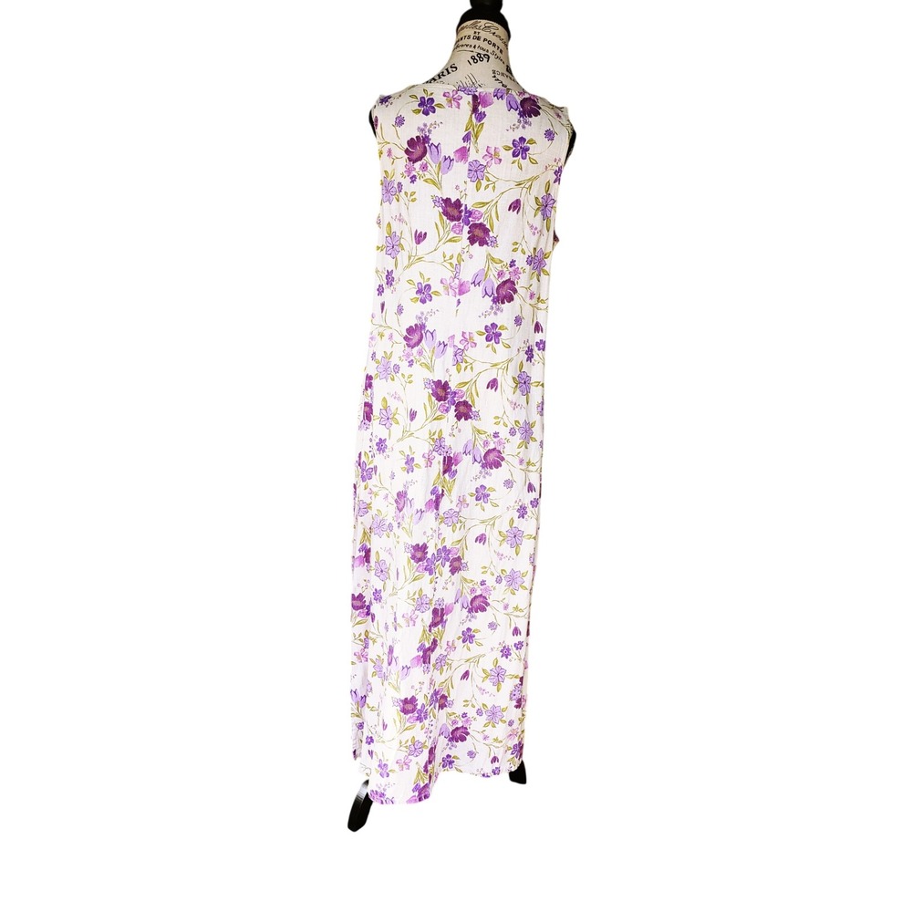 Vintage 90s Linen Maxi Dress Womens 12 Purple Floral Sleeveless W2ARU74D
